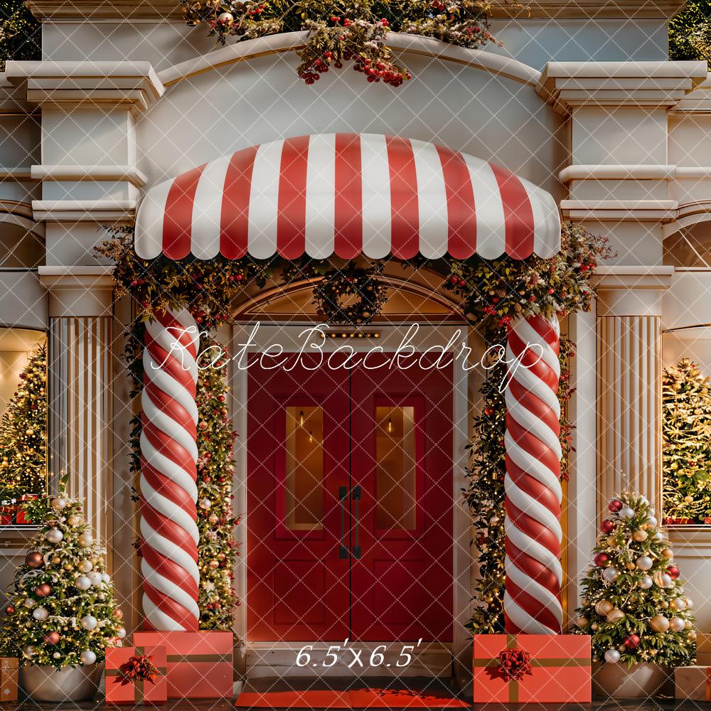 Kate Christmas Candy Cane Columns Red Door Trees Backdrop Designed by Emetselch