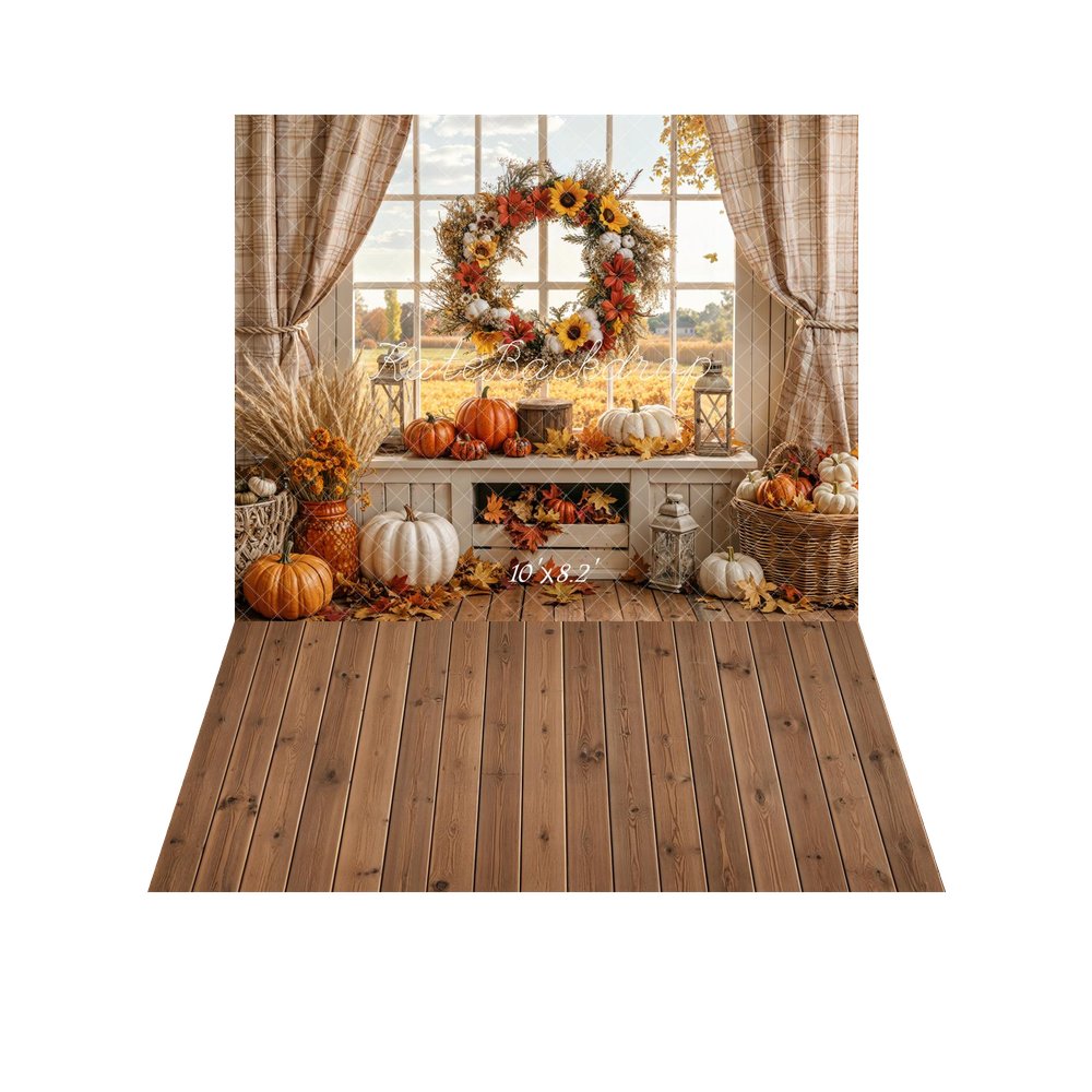 Kate Fall Rustic Pumpkin Wreath Window Printed Backdrop+Brown Wooden Plank Retro Floor Printed Backdrop