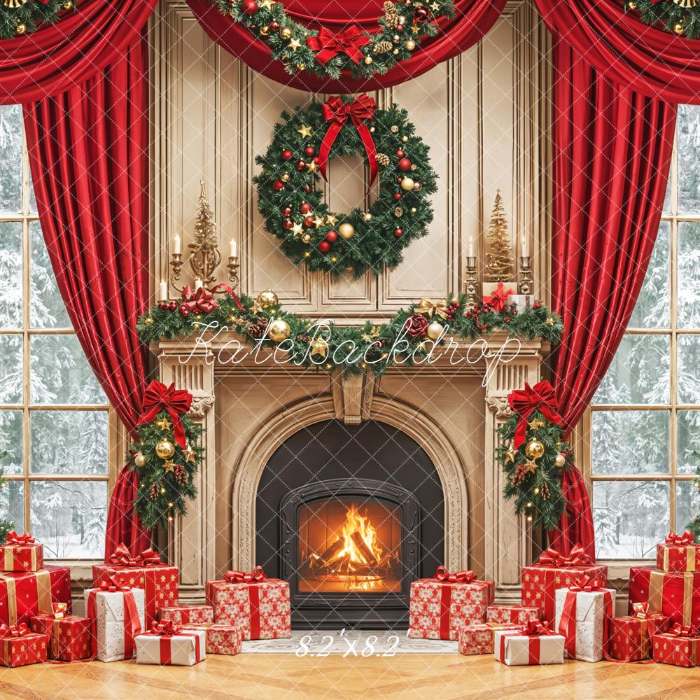 Kate Christmas Tree Fireplace Gift Red Curtains Backdrop Designed by Emetselch