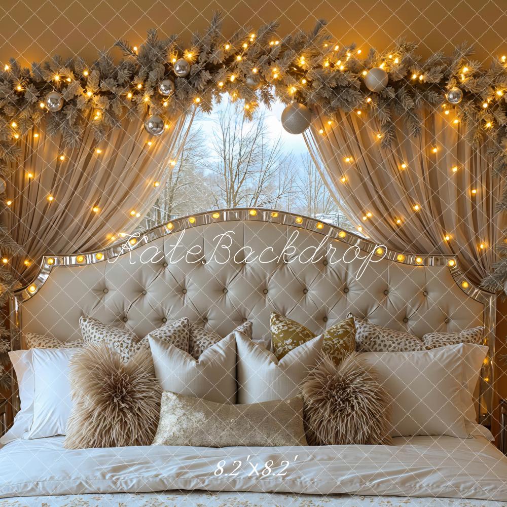 Kate Christmas Tufted Headboard Garland Lights Beige Backdrop Designed by Mini MakeBelieve