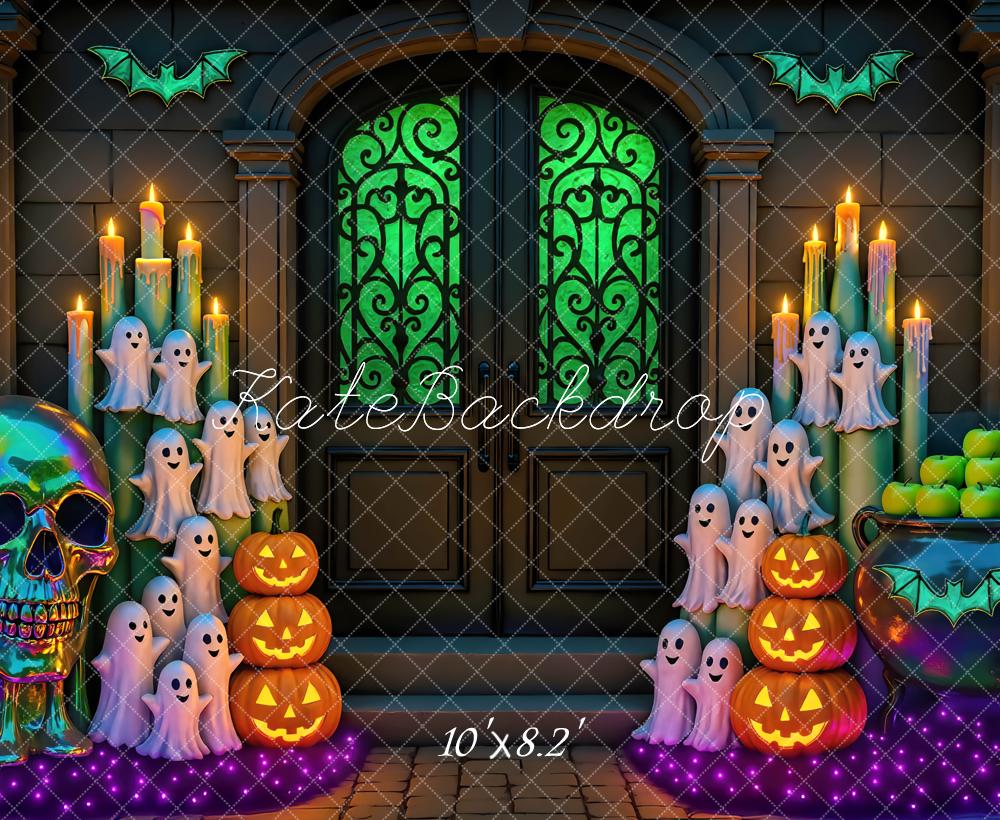 Kate Halloween Door Neon Ghosts Pumpkins Candles Skull Green Printed Backdrop Designed by Mini MakeBelieve