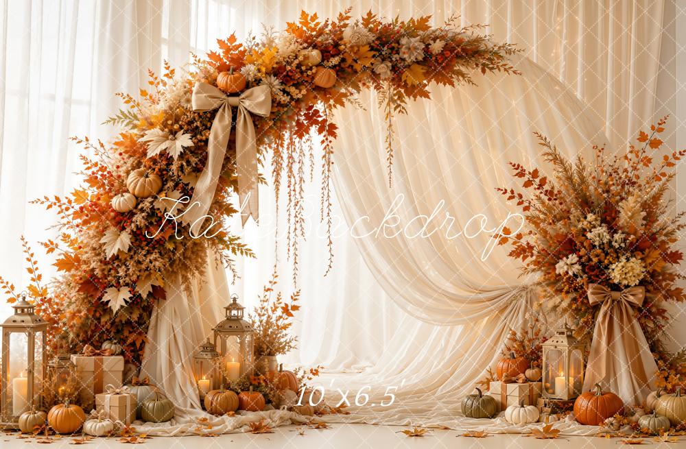 Kate Fall Circle Floral Arch Pumpkins White Drapes Lanterns Printed Backdrop Designed by Emetselch