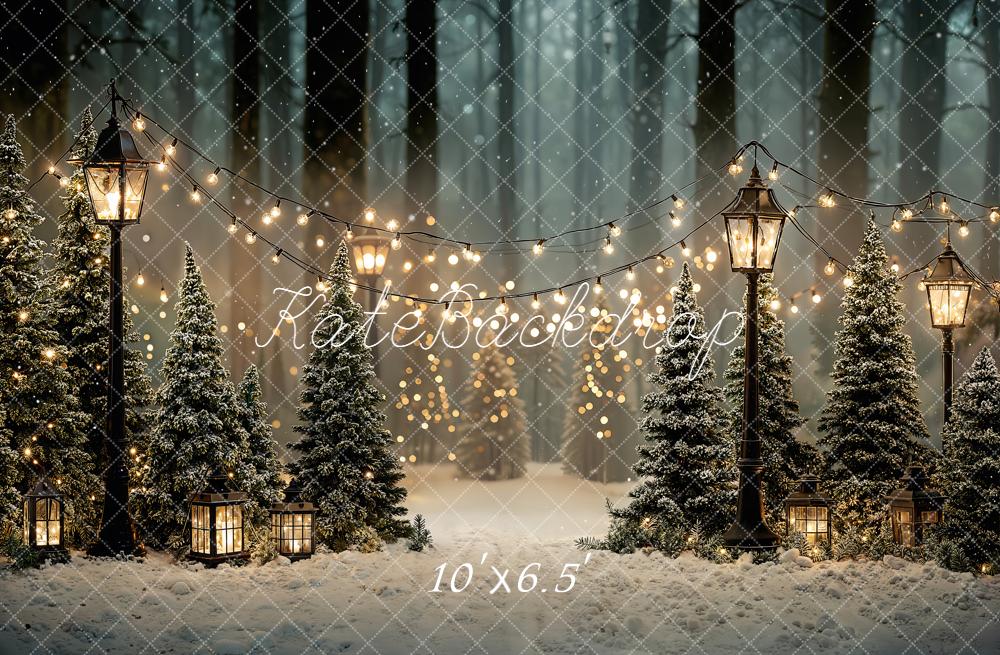 Kate Christmas Snowy Misty Forest Lantern String Lights Backdrop Designed by Emetselch