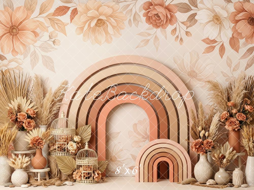 Kate Boho Cake Smash Flower Arch Rainbow Dried Flowers Printed Backdrop Designed by Patty Roberts