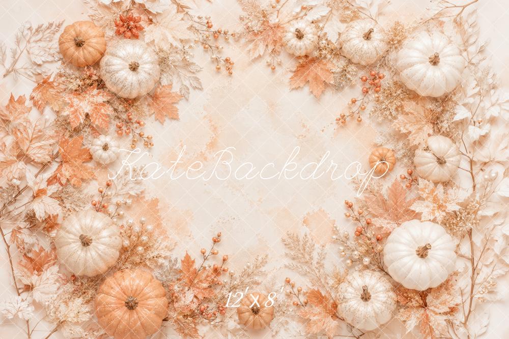 Kate Fall Pumpkins Maple Leaves Beige Printed Backdrop Designed by Megan Leigh Photography