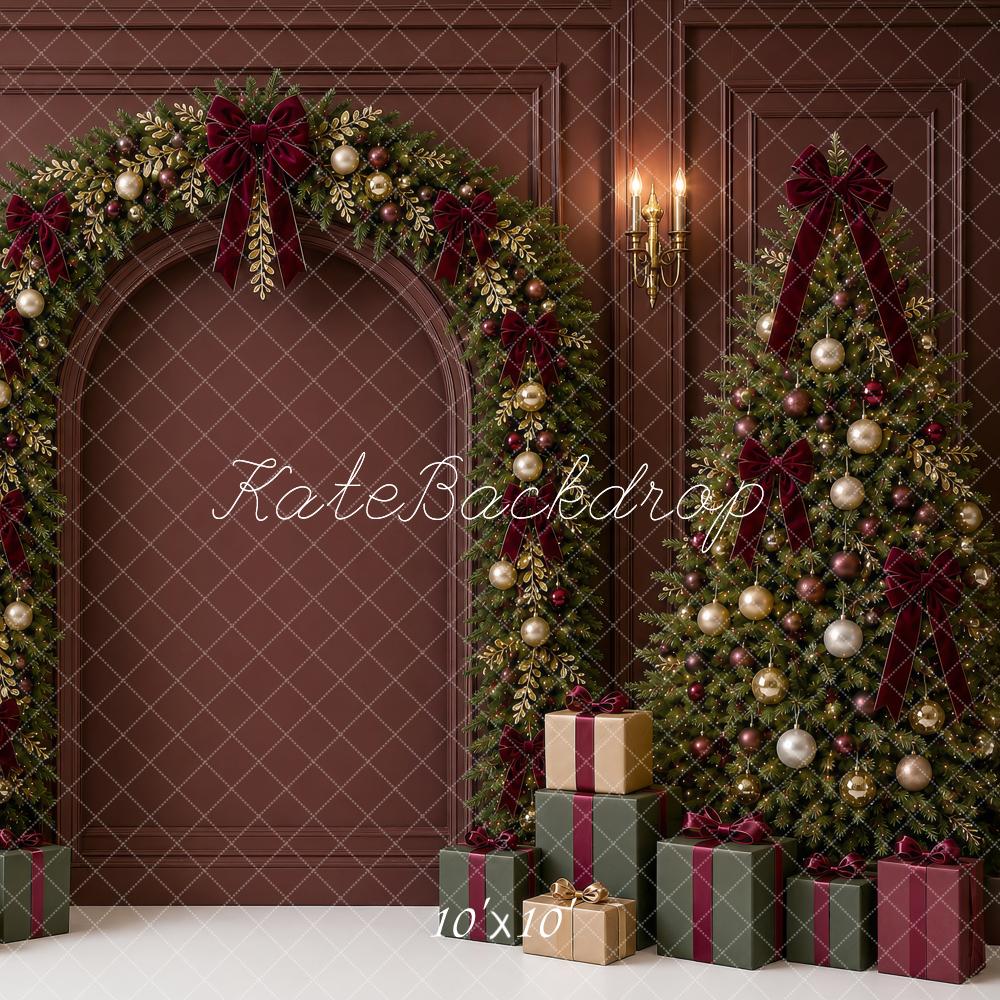 Kate Christmas Burgundy Garland Arch Trees Bow Gifts Printed Backdrop Designed by Shutter Swan Studios