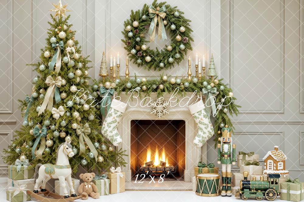 Kate Christmas Tree Fireplace Wreath Green Ribbon Printed Backdrop Designed by Mini MakeBelieve