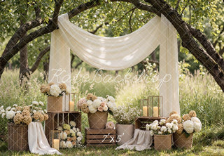 Kate Flower Arch Cream Drapes Rustic Baskets Printed Backdrop Designed by Mini MakeBelieve
