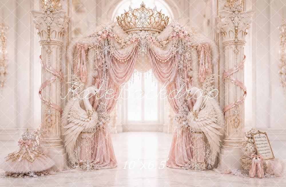 Kate Birthday Fantasy Luxury Pink Palace Swans Crown Drapes Printed Backdrop Designed by Ashley Paul