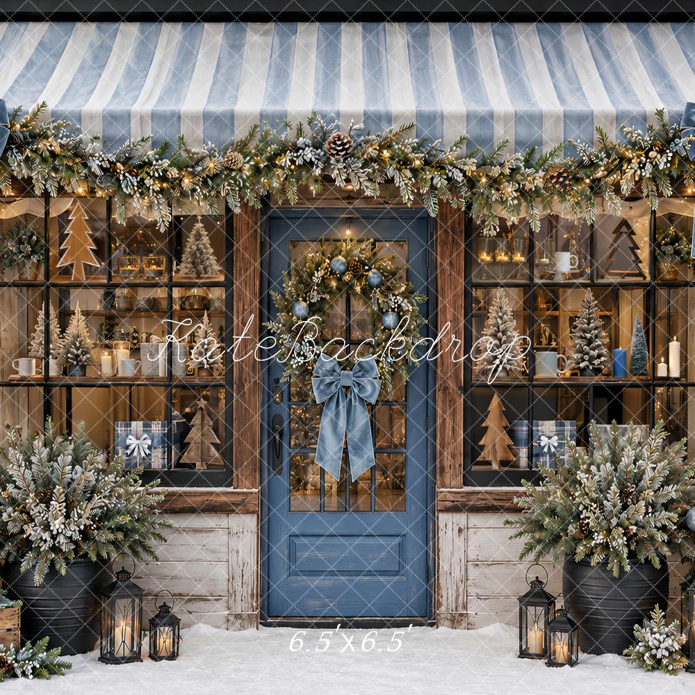 Kate Christmas Blue Storefront Garland Awning Snowy Printed Backdrop Designed by Ashley Paul