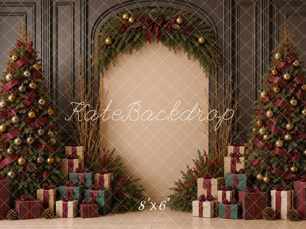 Kate Christmas Tree Red Ribbon Bow Arch Gift Vintage Printed Backdrop Designed by Shutter Swan Studios