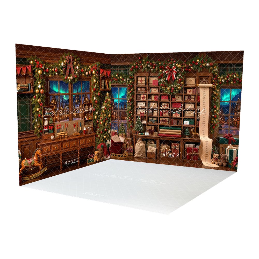 Kate Christmas Santa's Workshop Garland Gift List Shelf Printed Backdrop Room Set