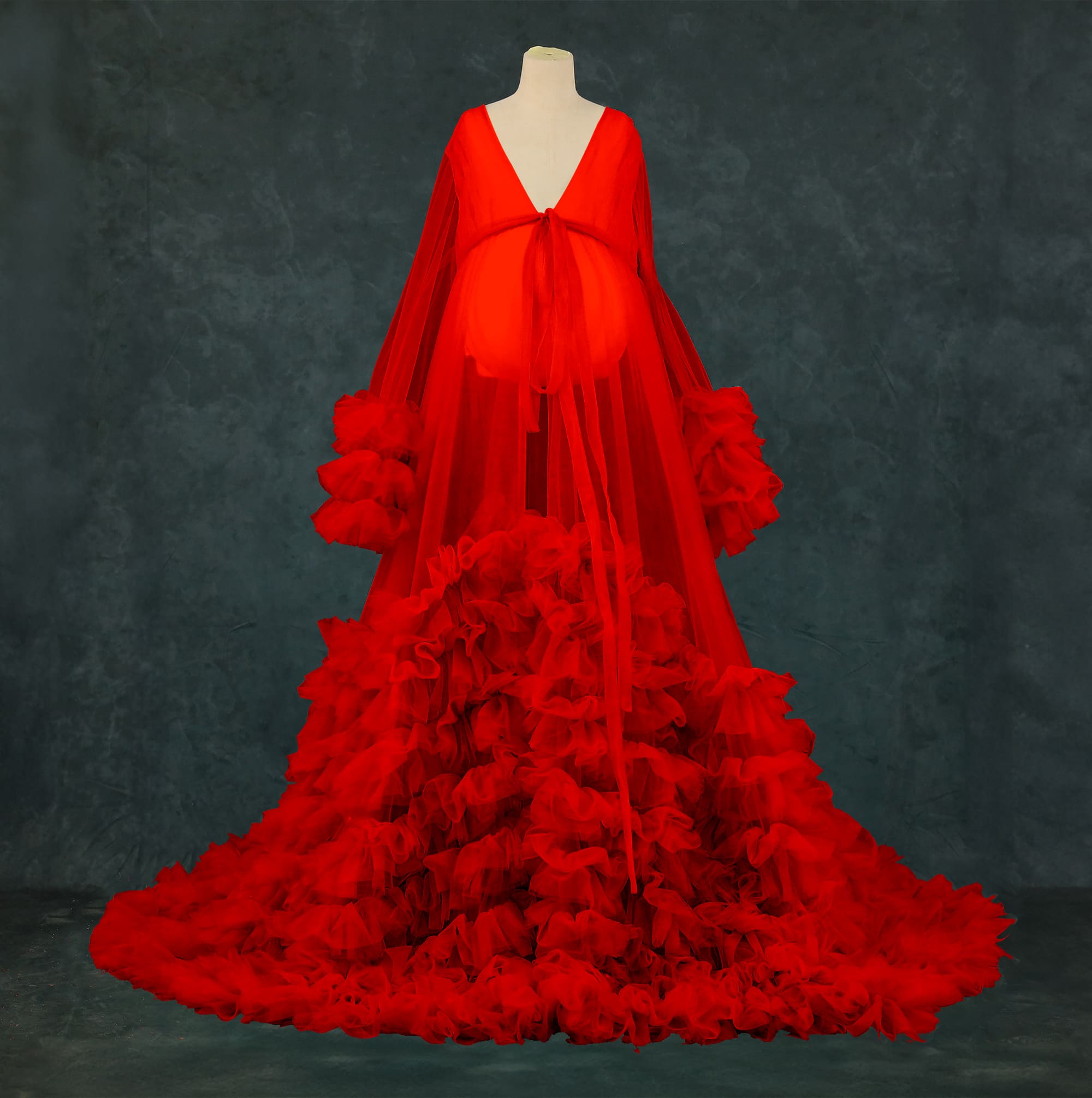 Kate Mesh V-neck Trailing Mid Sleeve Custom Maternity Photoshoot Gowns