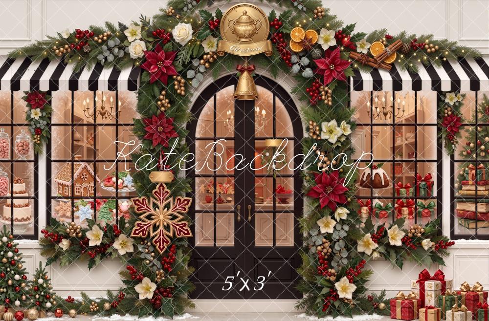 Kate Christmas Shop Front Garland Poinsettia Gifts Printed Backdrop Designed by Chain Photography