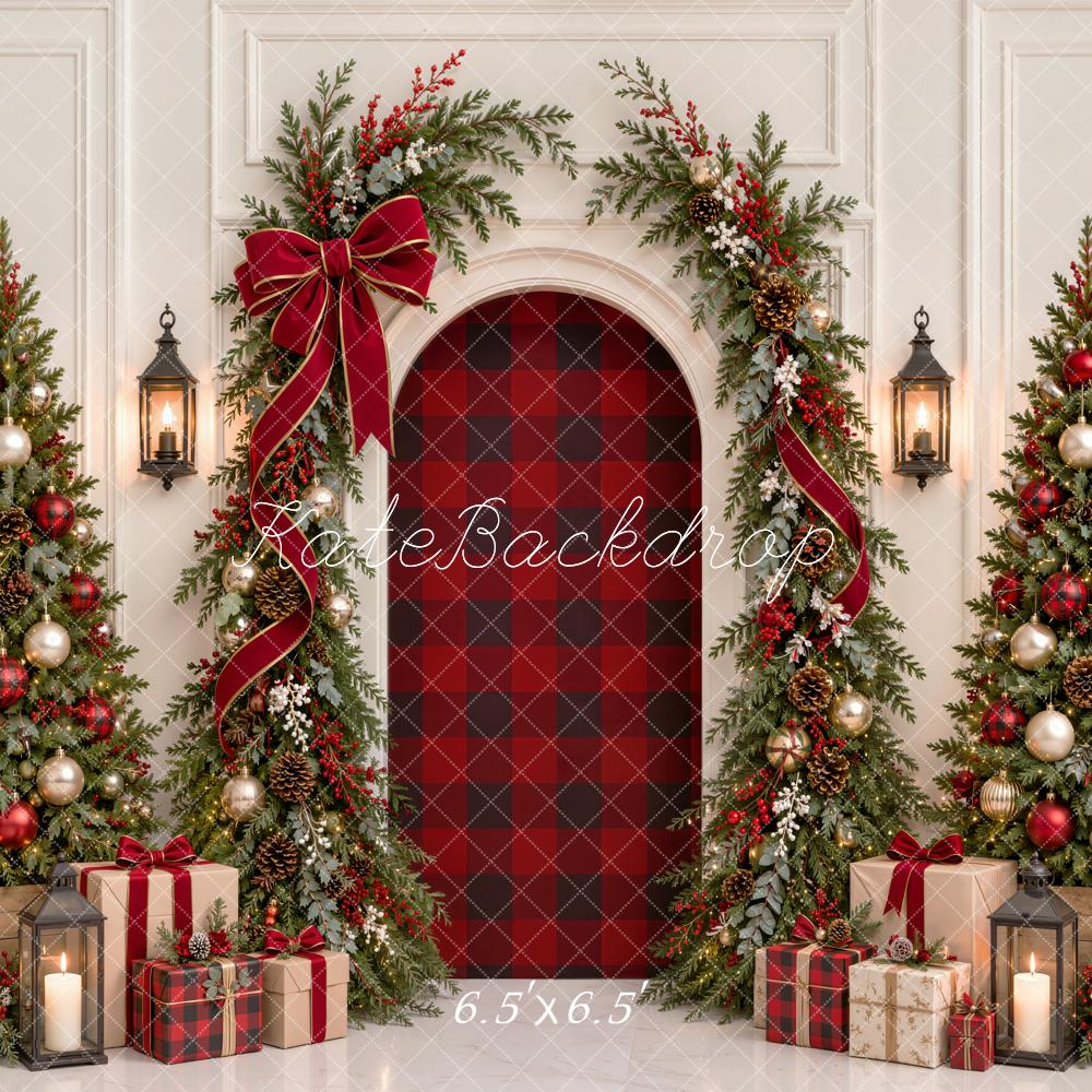 Kate Christmas Trees Arch Plaid Red Ribbon Garland Gifts Printed Backdrop Designed by Emetselch