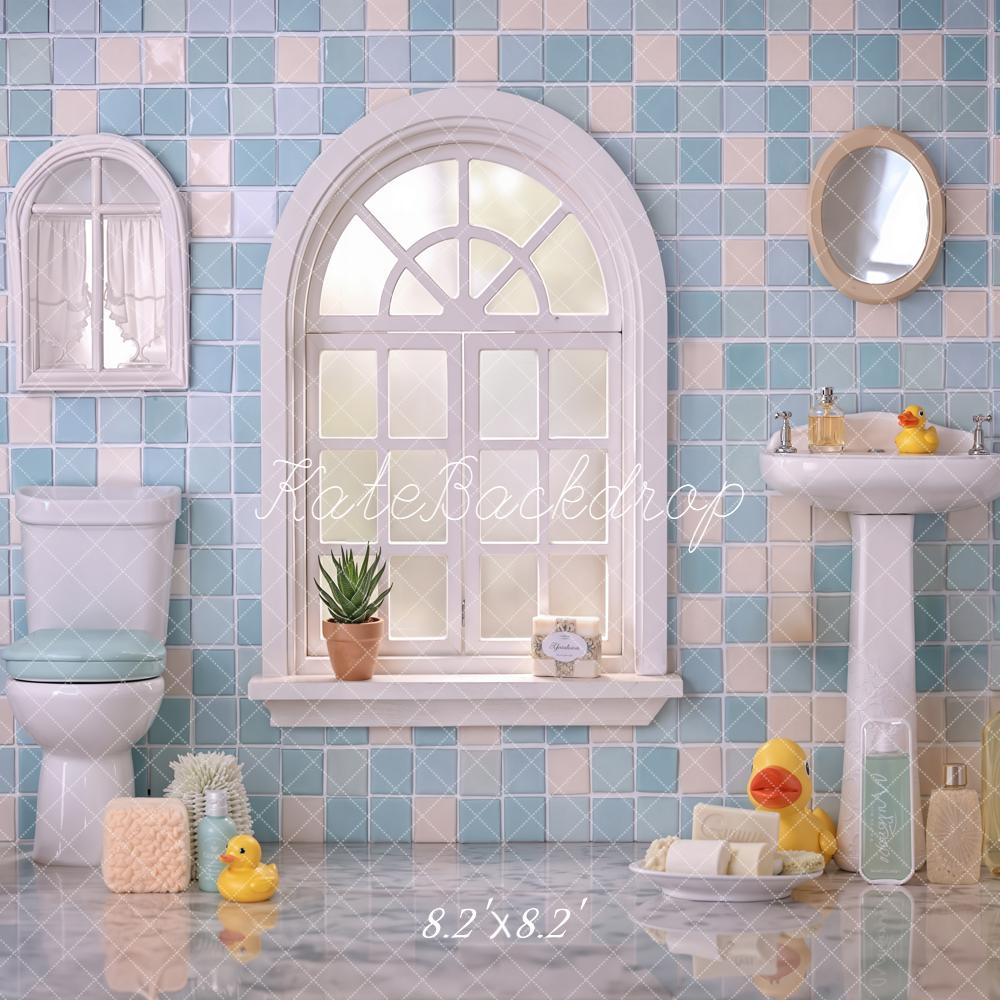 Kate Summer Blue Bathroom Tile Window Sink Toilet Rubber Duck Printed Backdrop Designed by Emetselch