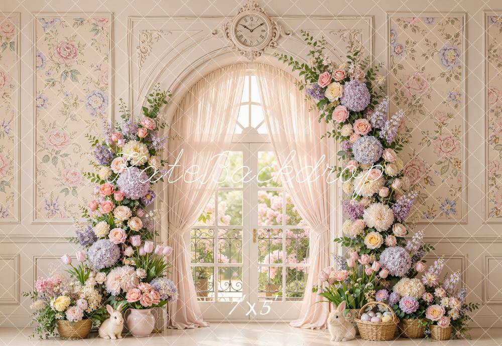 Kate Easter Spring Floral Arch Vintage Window Clock Bunny Printed Backdrop Designed by Emetselch