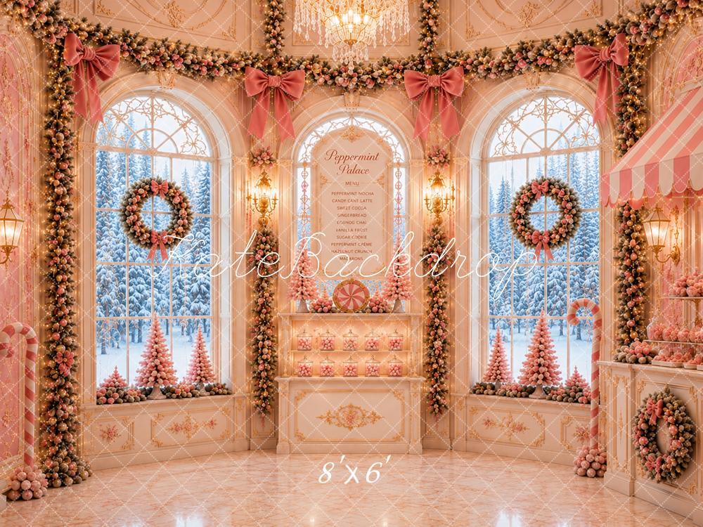 Kate Christmas Pink Palace Peppermint Candy Shop Window Snowy Printed Backdrop Designed by Caitlin Lynch