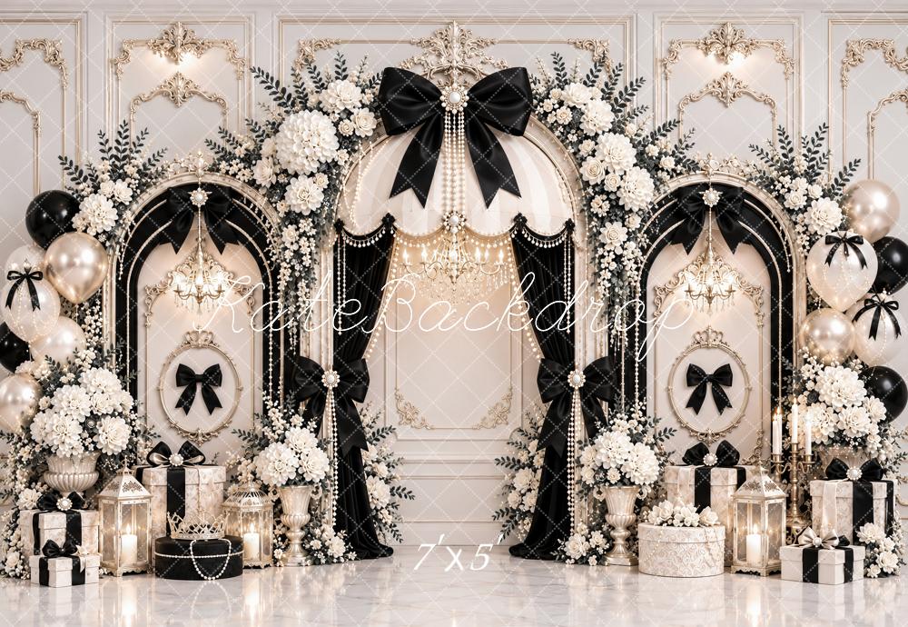 Kate Elegant Black Bow Flower Arch White Vintage Wall Printed Backdrop Designed by Ashley Paul