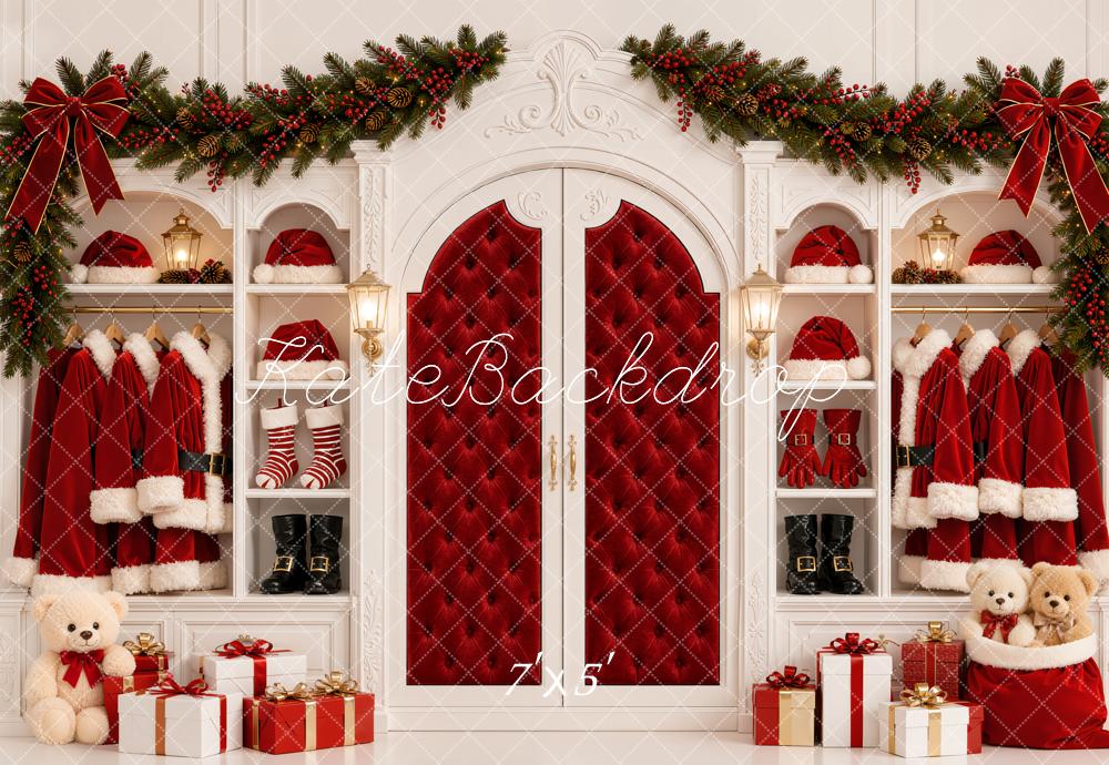 Kate Christmas Santa Closet Red Quilted Doors Coat Garland Printed Backdrop Designed by Emetselch