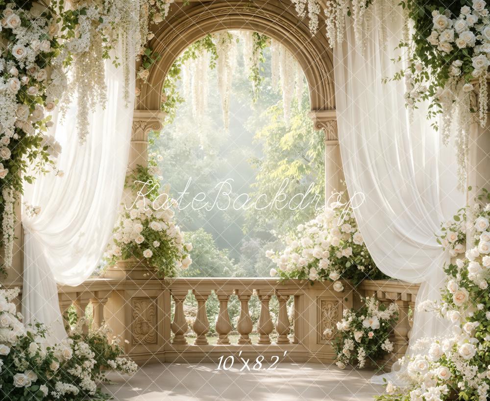 Kate Spring Flower Arch White Roses Draped Curtains Balcony Printed Backdrop Designed by Emetselch