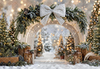 Kate Christmas Bow Arch Snowy Pine Trees Lanterns Printed Backdrop Designed by Emetselch