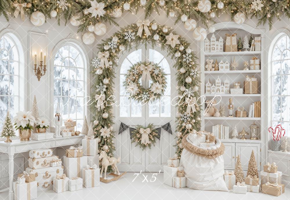 Kate Christmas White Garland Arch Gifts Toys Printed Backdrop Designed by Mini MakeBelieve
