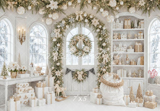 Kate Christmas White Garland Arch Gifts Toys Printed Backdrop Designed by Mini MakeBelieve