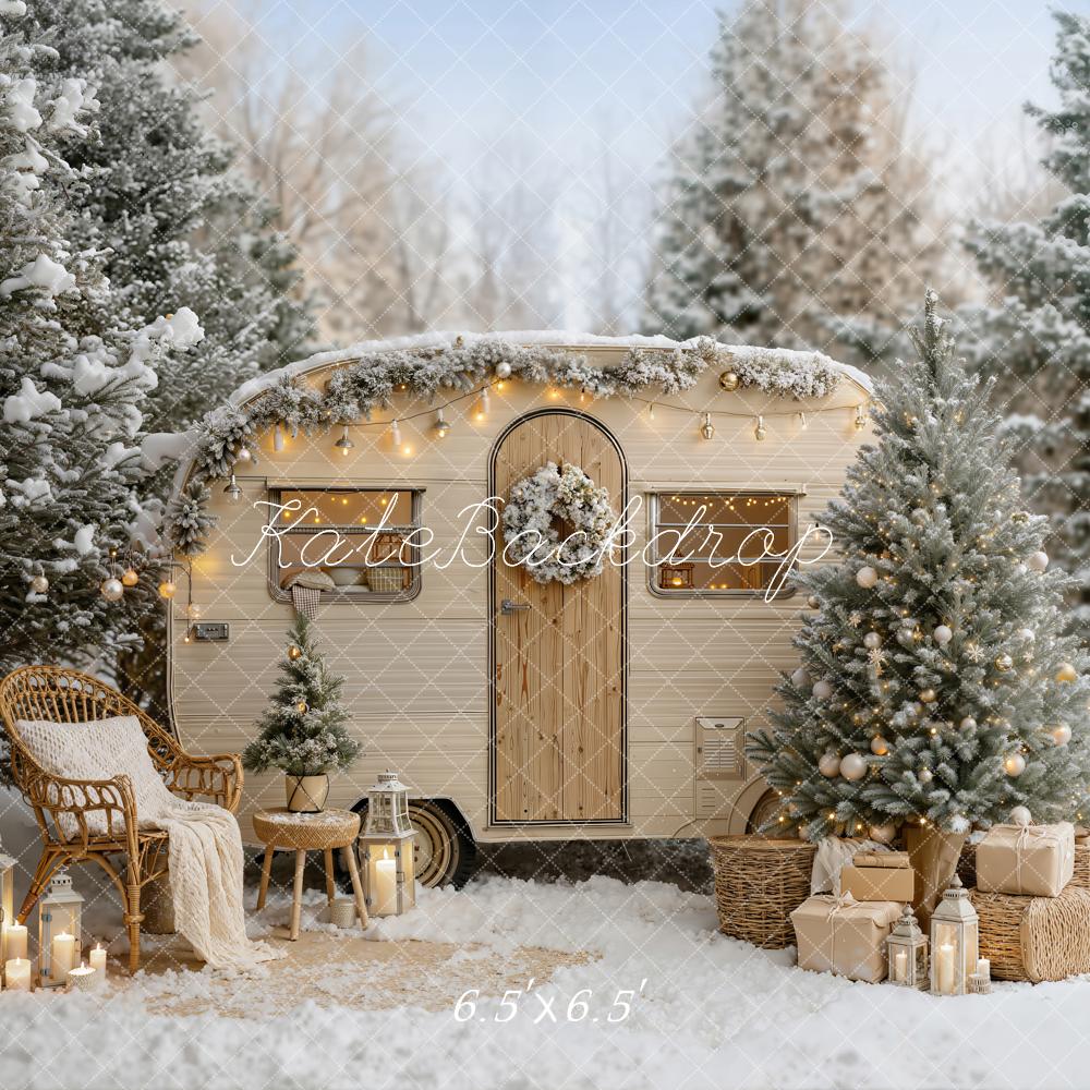Kate Christmas Snowy Beige Camper Van Trees Lights Chair Printed Backdrop Designed by Emetselch