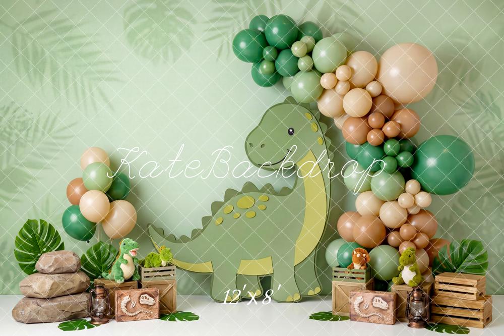 Kate Cake Smash Dinosaur Jungle Balloons Crates Leaves Backdrop Designed by Patty Roberts