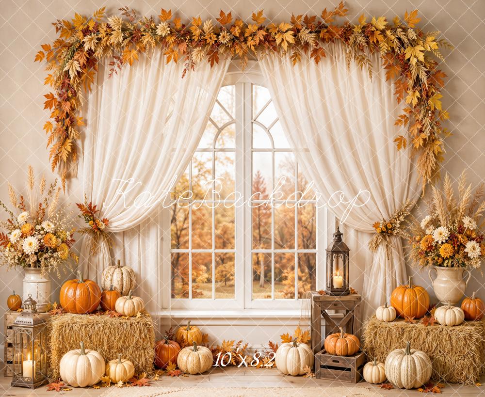 Kate Fall Window White Curtains Pumpkins Hay Bale Maple Garland Printed Backdrop Designed by Emetselch
