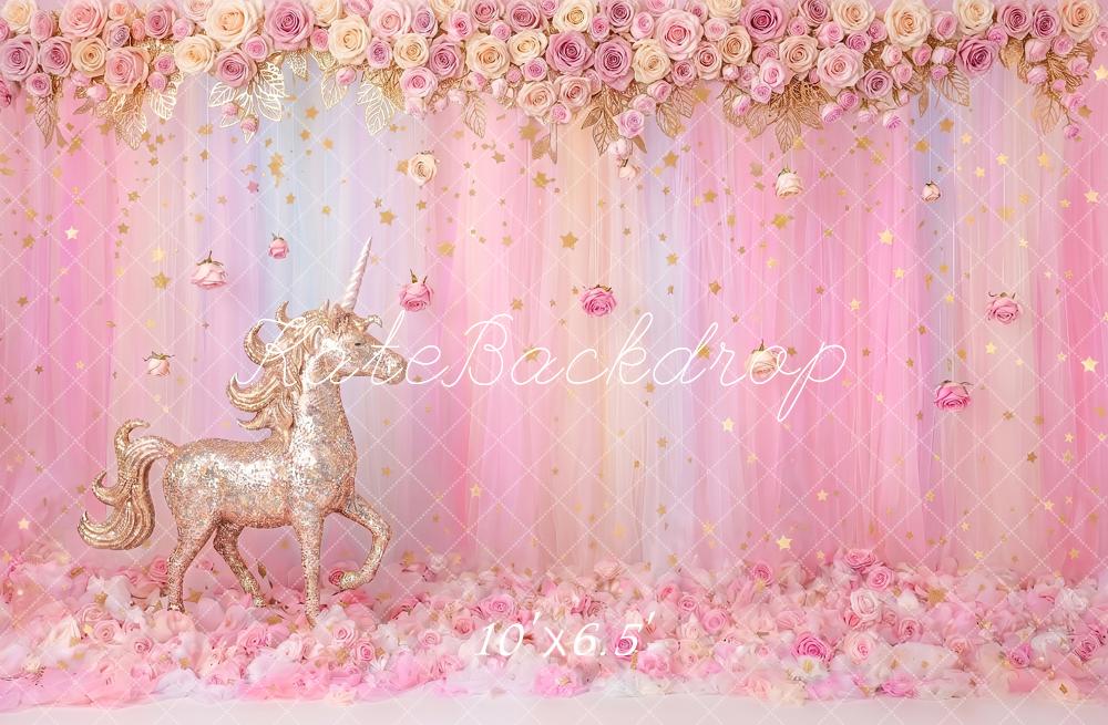 Kate Fantasy Cake Smash Gold Unicorn Pink Rose Curtains Printed Backdrop Designed by Angela Miller