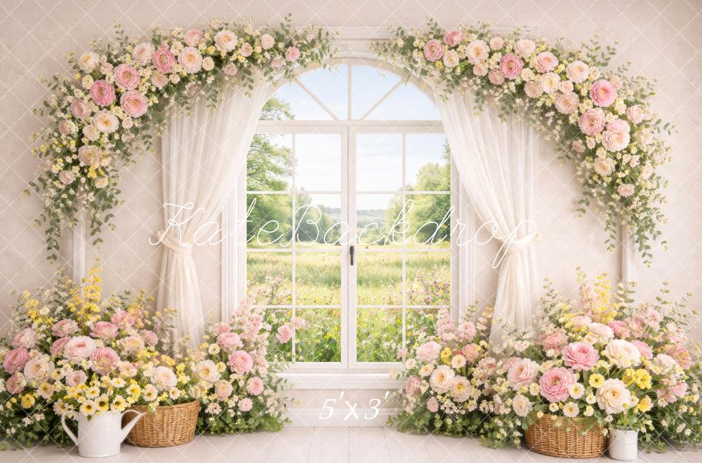Kate Spring Flower Arch Window Pastel Flowers Backdrop Designed by Megan Leigh Photography