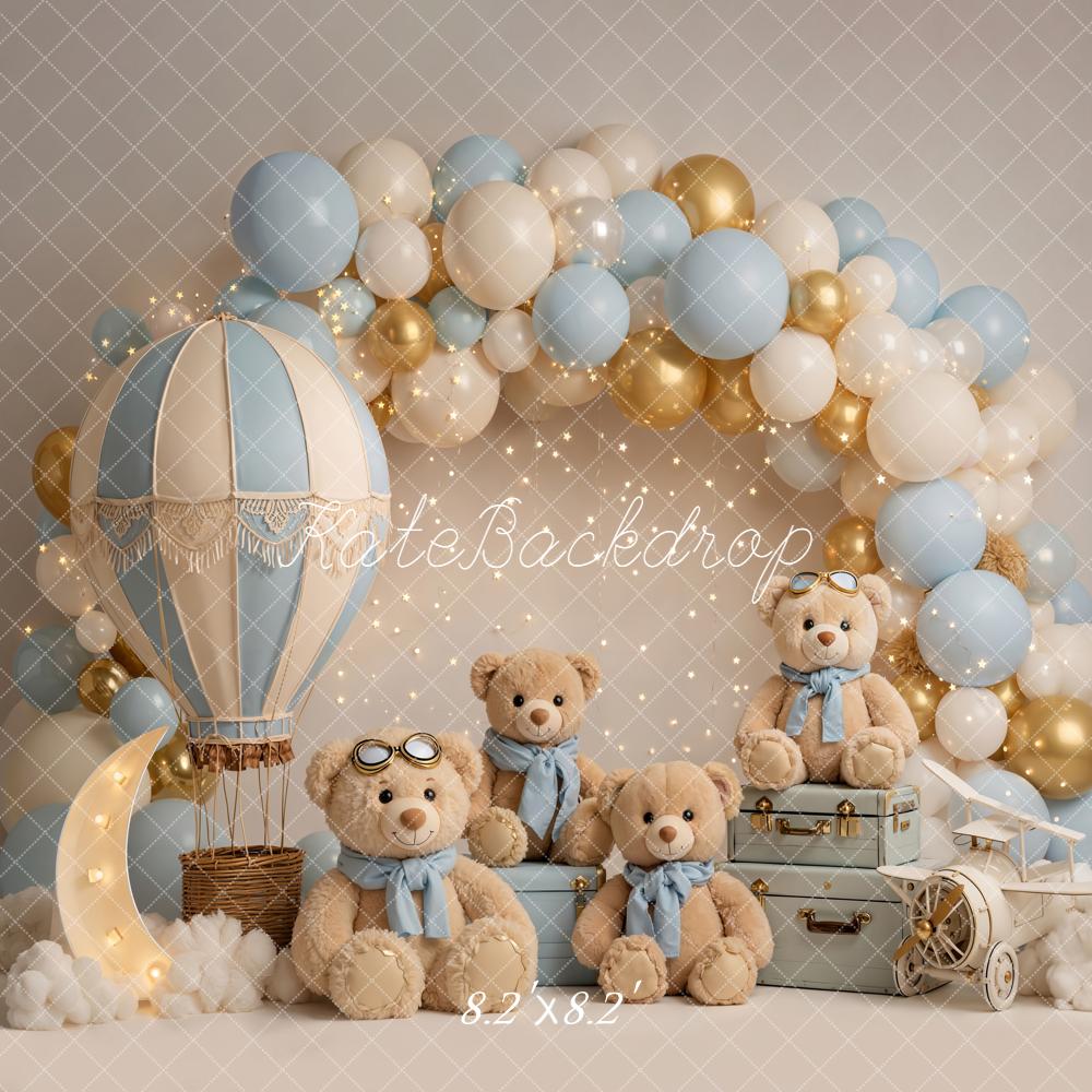 Kate Cake Smash Hot Air Balloon Teddy Bear Balloon Arch Blue Gold Backdrop Designed by Emetselch