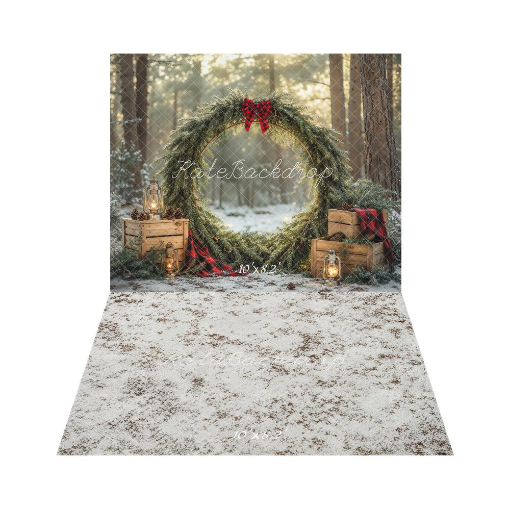 Kate Christmas Greenery Wreath Forest Crates Lanterns Printed Backdrop+White Powdered Abstract Texture Printed Backdrop