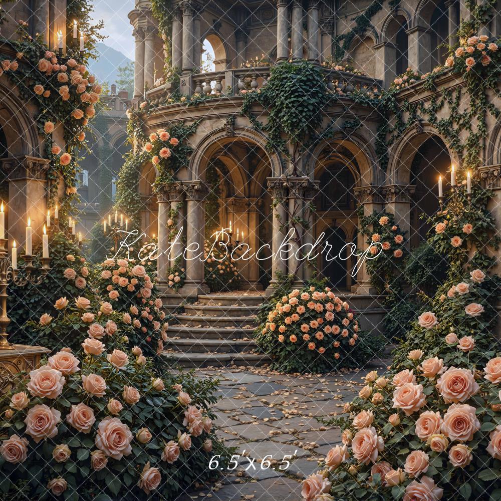 Kate Spring Flower Arch Candlelight Cascading Stairs Printed Backdrop Designed by Mini MakeBelieve