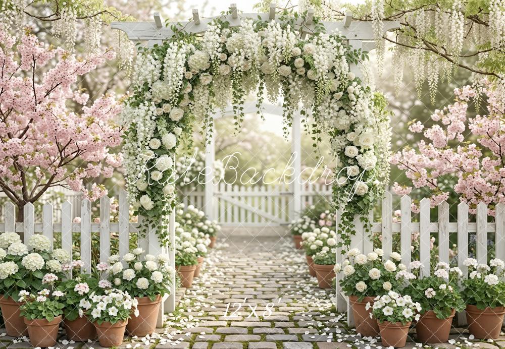 Kate Spring Flower Arch White Roses Cobblestone Path Garden Printed Backdrop Designed by Emetselch
