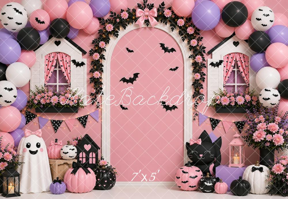 Kate Halloween Party Pink Balloon Floral Arch Cute Ghost Printed Backdrop Designed by Shutter Swan Studios