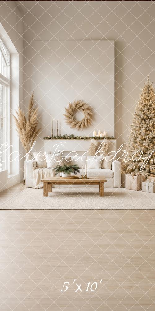 Kate Sweep Christmas Tree Elegant Cream Living Room Sofa Fireplace Printed Backdrop Designed by Happy Squirrel Design