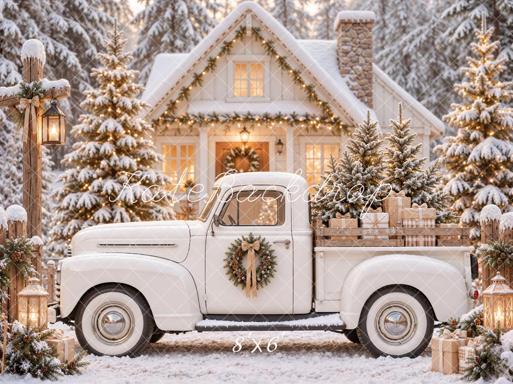Kate Christmas White Vintage Truck Snowy Cabin Printed Backdrop Designed by Emetselch