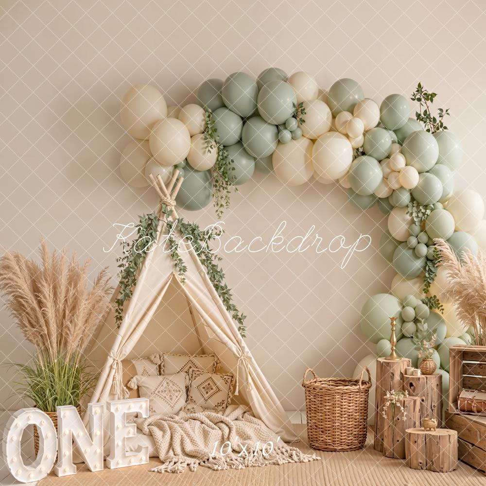 Kate Cake Smash Boho Balloon Arch Teepee Pampas Grass ONE Crates Printed Backdrop Designed by Emetselch