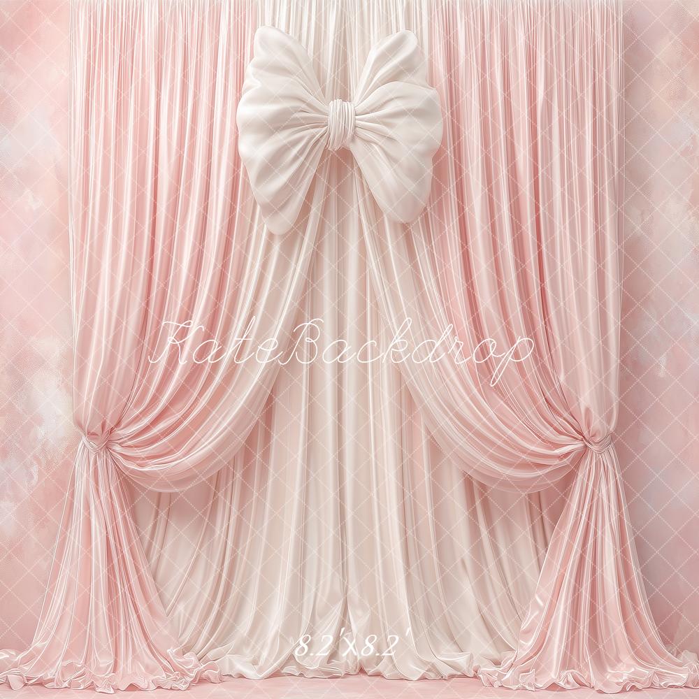 Kate Elegant Pink Draped Curtains Large Bow Printed Backdrop Designed by Angela Miller