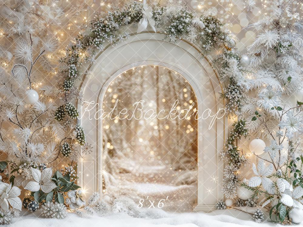 Kate Christmas Winter White Arch Snowy Trees Bokeh Backdrop Designed by Emetselch
