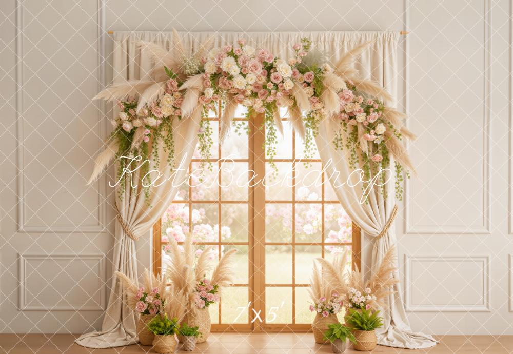 Kate Spring Flower Arch Window Curtains Pampas Grass Backdrop Designed by Emetselch
