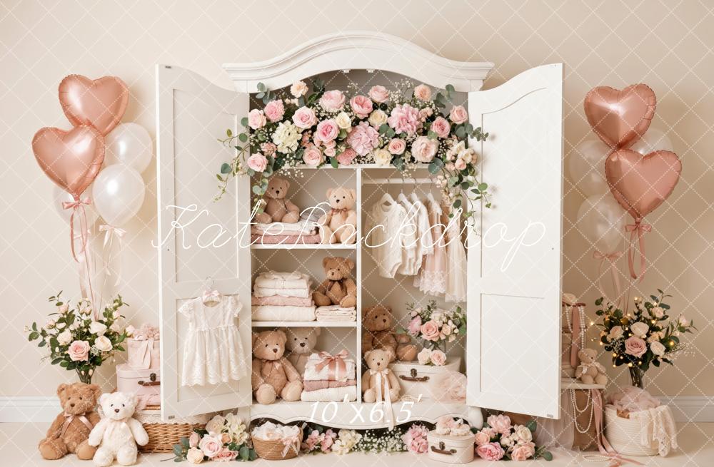 Kate Valentine's Day Teddy Bear Floral Wardrobe Pink Heart Balloon Printed Backdrop Designed by Patty Roberts