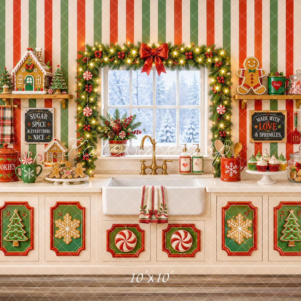 Kate Christmas Kitchen Gingerbread Cookies Garland Striped Wall Printed Backdrop Designed by Emetselch