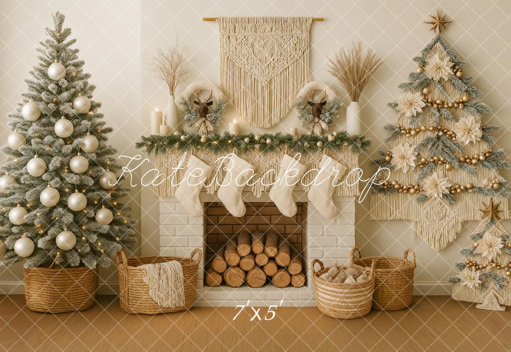 Kate Christmas Boho Neutral Fireplace Macrame Trees Backdrop Designed by Ashley Paul