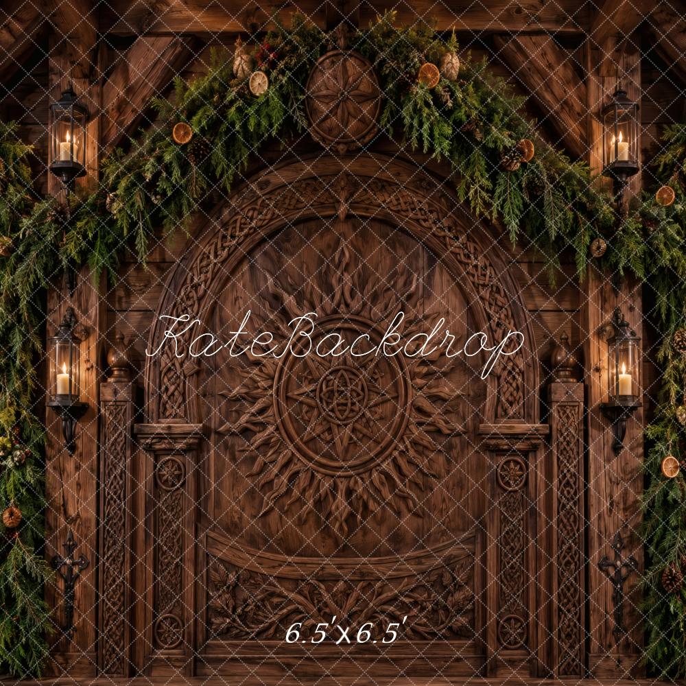 Kate Christmas Celtic Solstice Woodwork Rustic Wooden Door Pine Garland Printed Backdrop Designed by Vertigo Productions