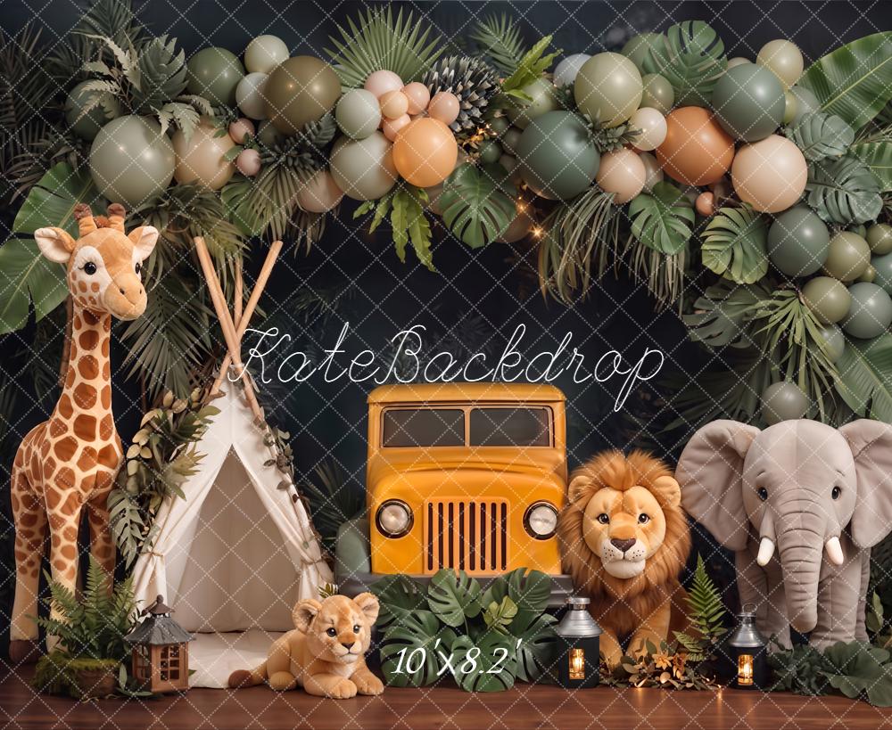 Kate Cake Smash Jungle Jeep Balloon Animals Printed Backdrop Designed by Chain Photography