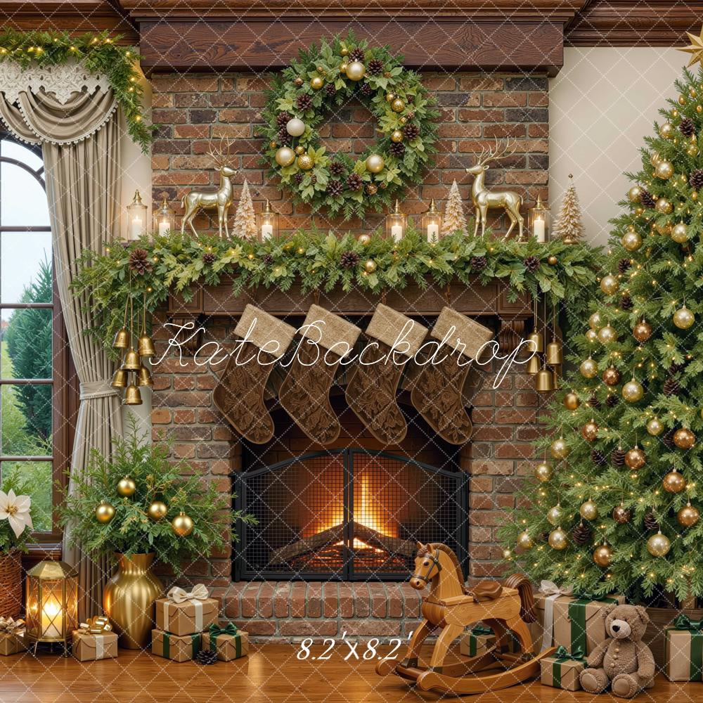 Kate Christmas Stone Fireplace Tree Wreath Window Printed Backdrop Designed by Mini MakeBelieve